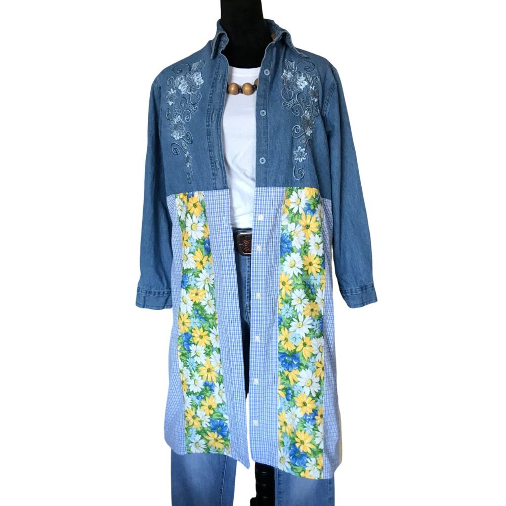 Patchwork Denim Duster, Upcycled Boho Layering Jacket, Spring Daisies Size Large